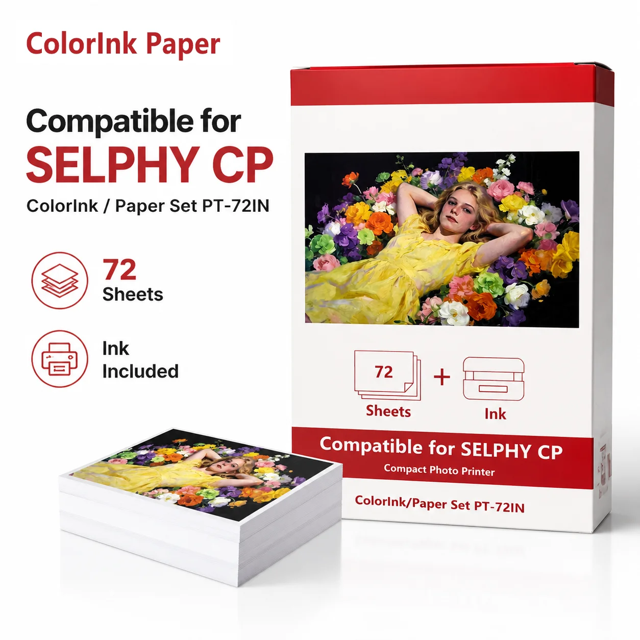 캐논 셀피 CP1500 CP1300용 교체 잉크 및 4x6 포토 용지 키트, 웨딩 및 일상 인쇄용 광택 용지 2개 카트리지 72매