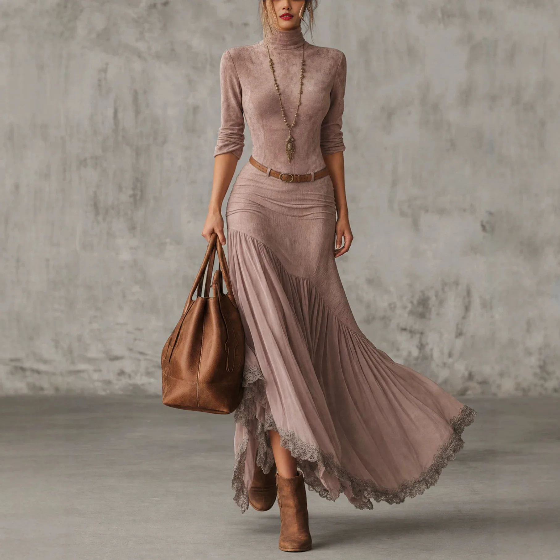Womens Vintage Boho Suede Texture Maxi Dress Turtleneck Long Sleeve Lace Trim Irregular Hem High Waist Flowy Party Long Dress