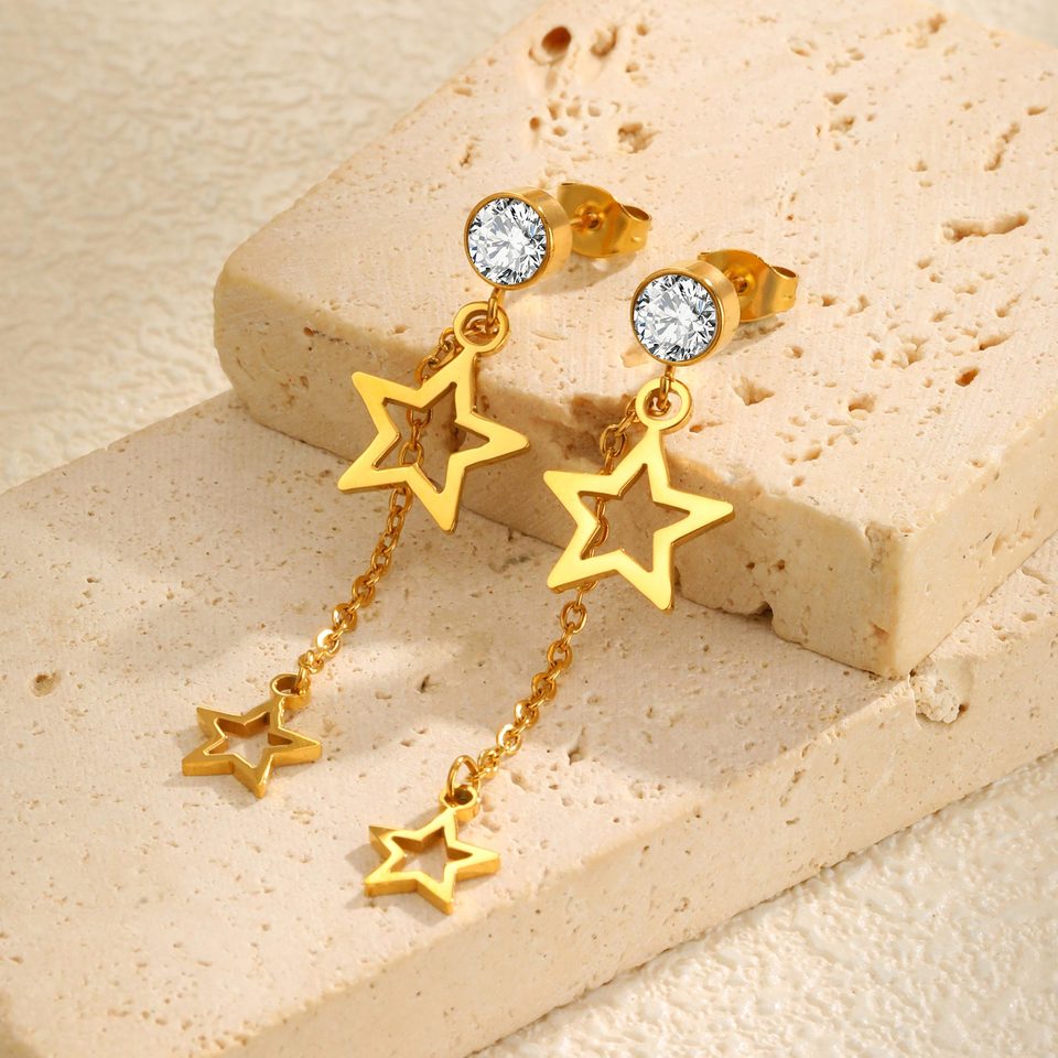 Exquisite Hollow Five-pointed Star Zircon Tassel Earrings for Women,Gold Color Stainless Steel Earrings,Trendy Jewelry Gifts