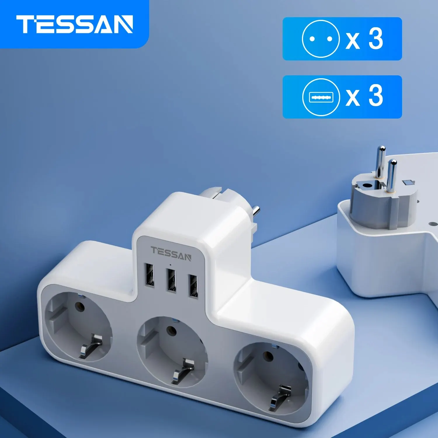 Power Strip Electrical Socket Power Socket Plug Adapter Power Plug Adapter Wall Socket Extender TESSAN EU Plug Power Strip 3 AC Outlets 3 USB Ports Multiple Wall Socket Adapter Overload Protection for Home Office