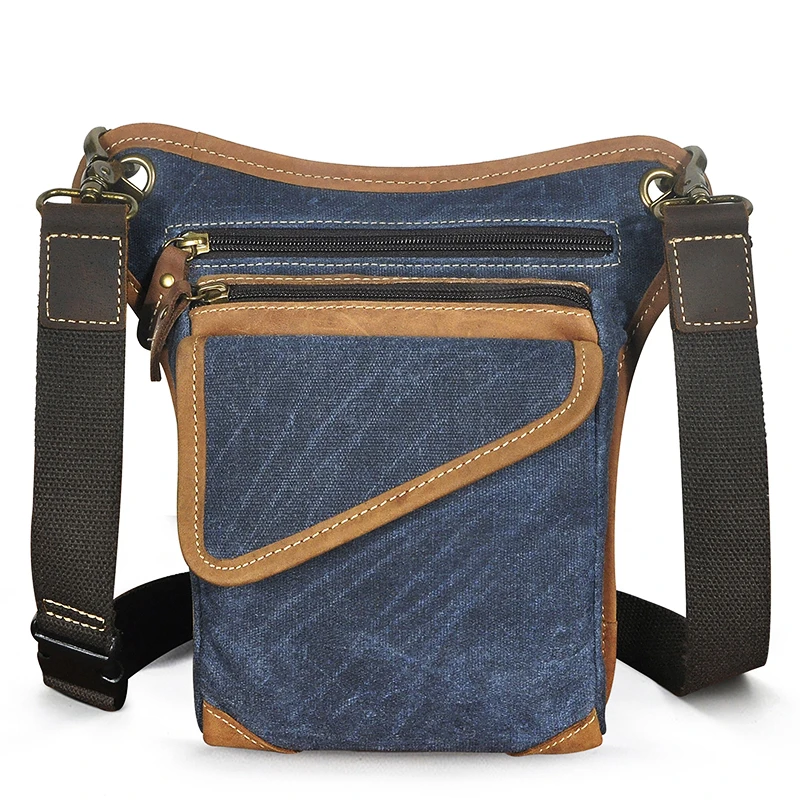 Canvas+Real Leather Multi-function Design Sling Shoulder Messenger Bag Travel Fanny Waist Belt Pack Drop Leg Bag For Men 211-3