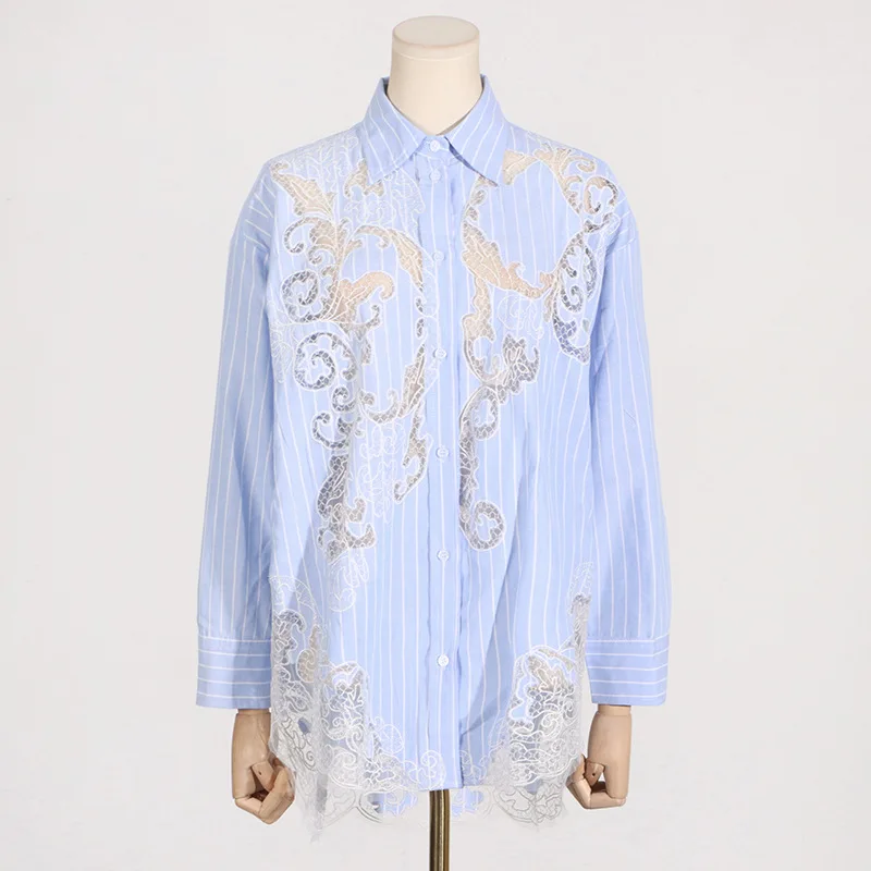 Women Shirt Pinstripe Lace Hollowed Out Patchwork Design Loose Long Sleeves Formal Office Lady Work Wear Jacket
