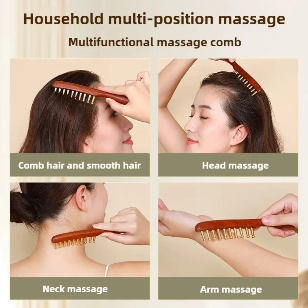 Durable Scalp Relax Tools Head Meridians Massage Comb Copper Needling Guasha Meridians Comb Long Hair Wooden Head Meridian Comb