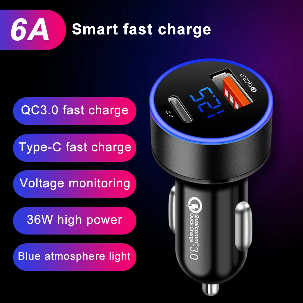 Caricabatterie per auto con ricarica rapida, display LCD, PD QC3.0 QC SCP 6A Type C 36W, caricatore USB rapido per iPhone, Xiaomi, Samsung, Huawei