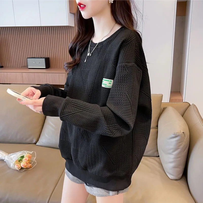 

New Spring and Autumn Fashion Korean Edition Solid Waffle Round Neck Loose Versatile Simple Slim Women's Long Sleeve Sweater