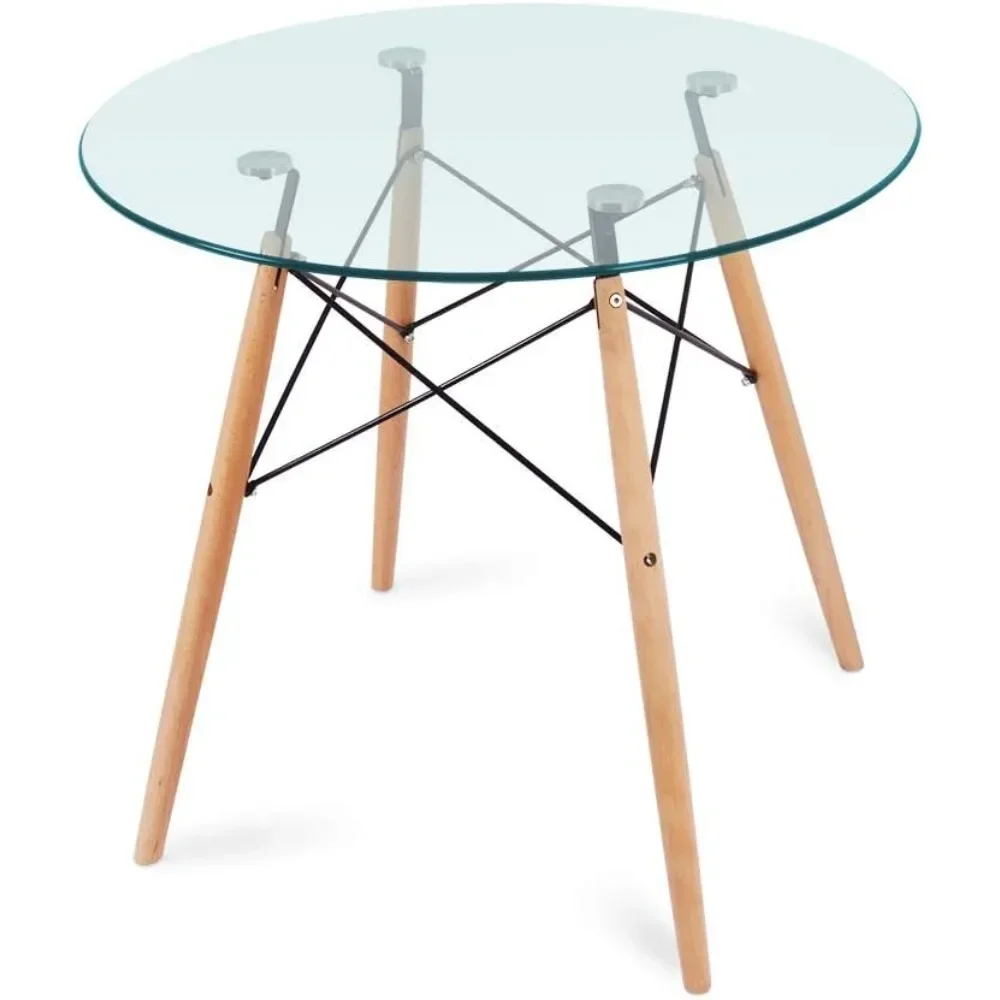 

Nidouillet Round Glass Dining Table, Coffee Desk with 4 Beech Wood Legs for Kitchen Living Room AB053