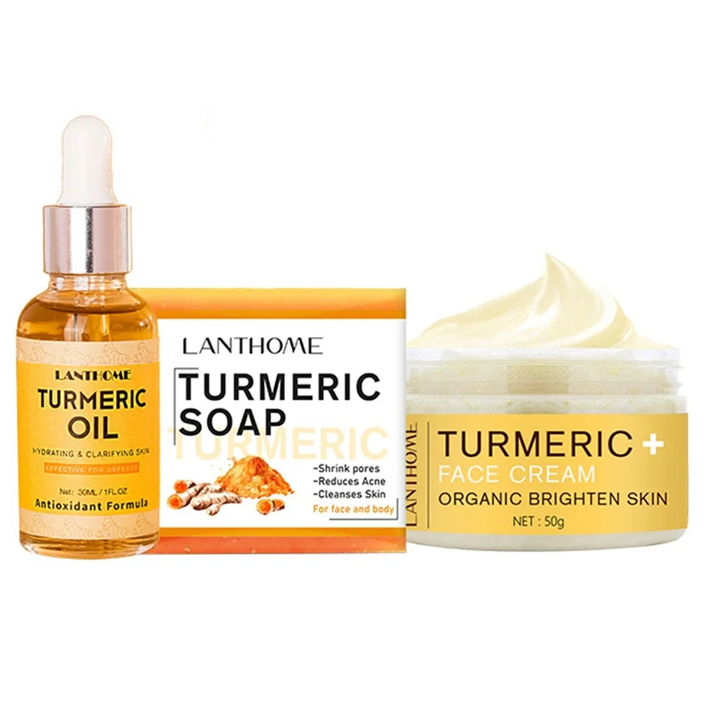 Turmeric Skin Care Sets Fade Dark Spots Remover Serum Oil Anti-Aging Skin Cleanser Soap Natural Facial Acne Cleansing Cream 3pcs