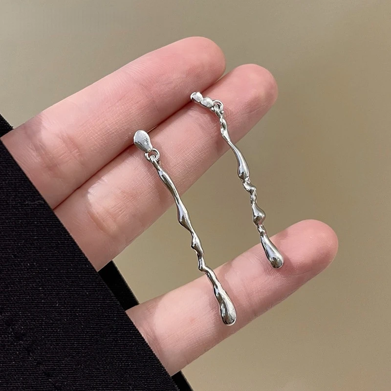 Personality Silver Color Liquid Metal Lines Tassel Earrings For Woman