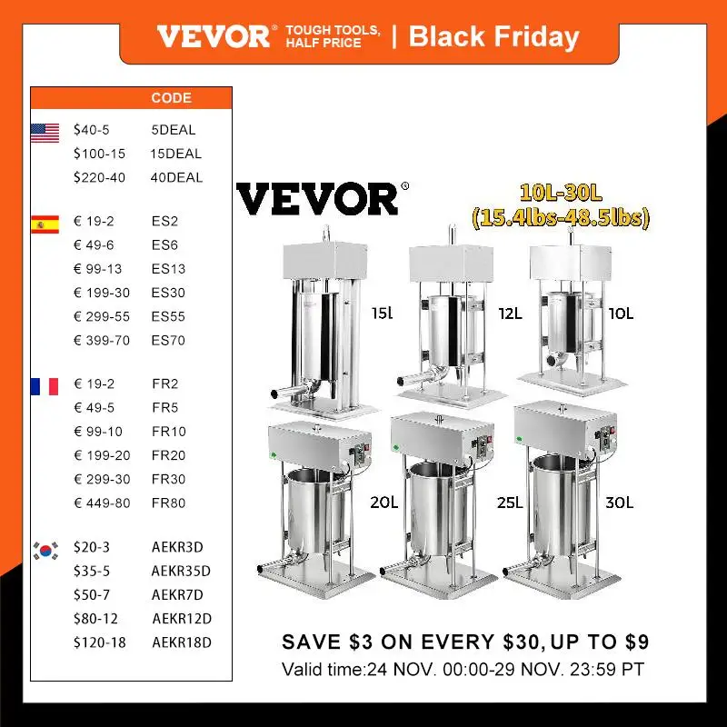 Vevor 10l 12l 15l 20l 25l 30l Electric Sausage Stuffer Filler Vertical Stainless Steel