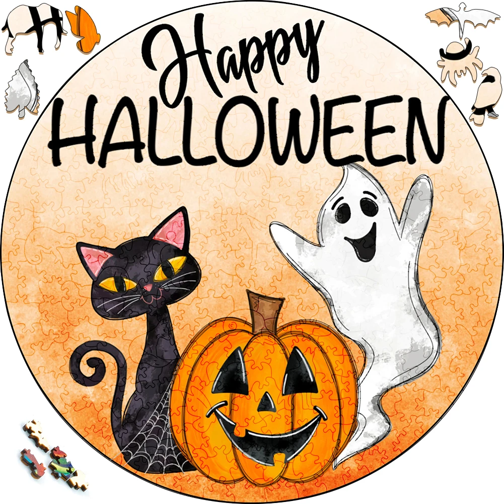 Halloween Wooden Puzzles Funny Pumpkin Cute Cat Lrregular Shape Puzzle Board Set Decompression Puzzle Toys for Adults Family