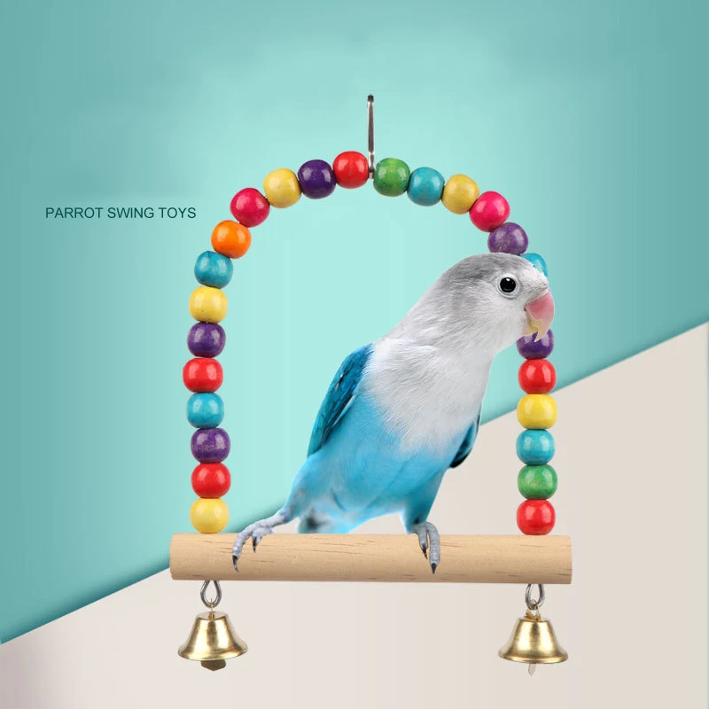Durable Wooden Parrots Stand Swing Toy Birds Colorful Beads Bird Supplies Bells Toys Perch Hanging Swings Cage For Pets 1PC