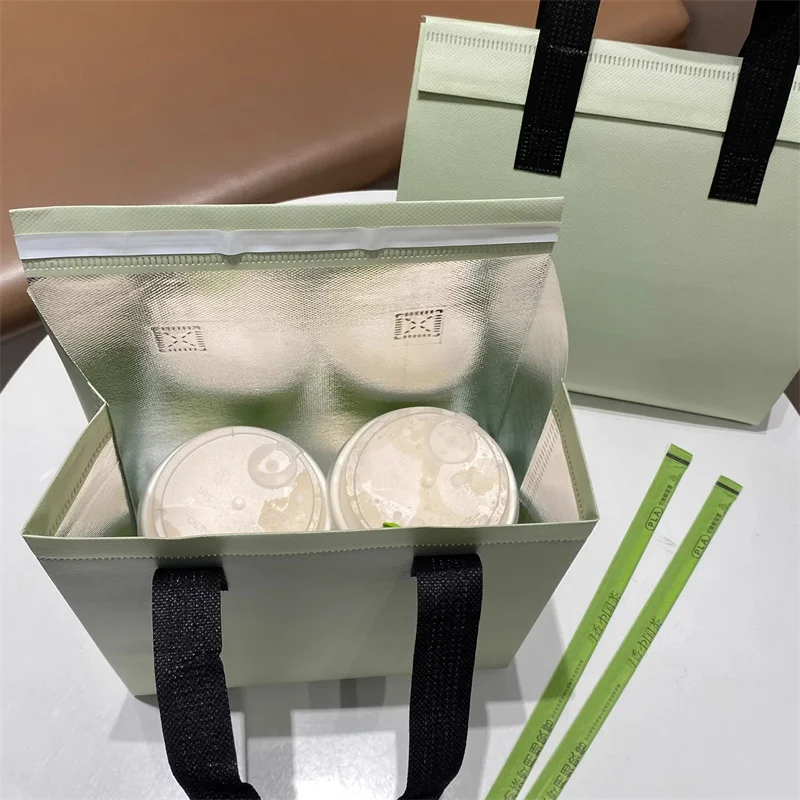 StoBag 10pcs Green Non-woven Insulation Tote Bag Portable Fabric for Food Drinks Package Keep Warm Cold Delivery Reusable Pouch 4