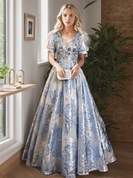 Luxury Blue Lace Prom Dresses 2023 Elegant V-Neck Luxury Appliques Floor-Length Long Women Birthday Evening Party Gowns
