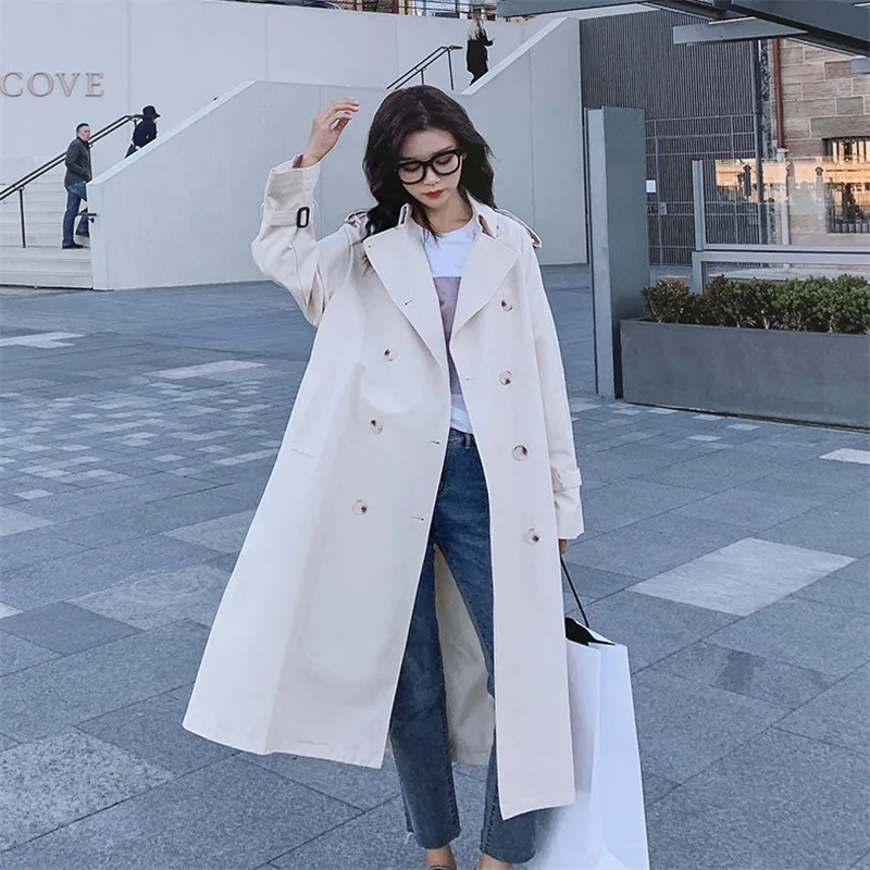 

Spring Mid-length Beige Chic Epaulet Trench for women with belt ropa mujer otono New Double breasted Casual Windbreaker Coat