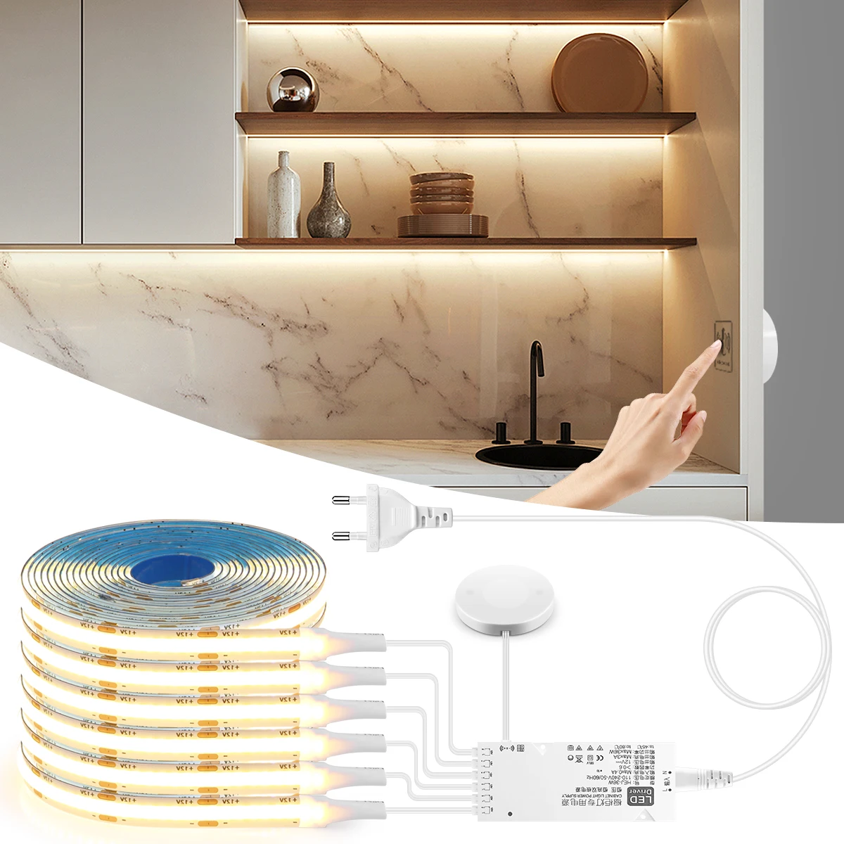 12V COB LED Strip Light With Penetrable Wood Hand Scan Sensor Touch Dimmer Switch Shelf Showcase Wardrobe Decoration Lighting 