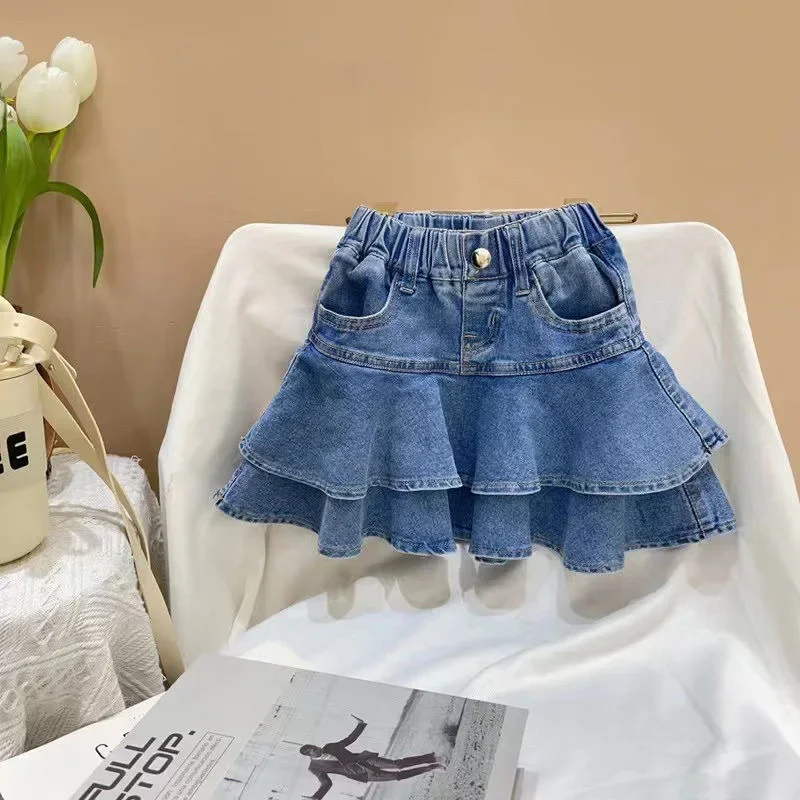 미니 플레어 플리츠 스커트, 데님 짧은 스커트, 반바지 안감, 작은 소녀 데님 스커트