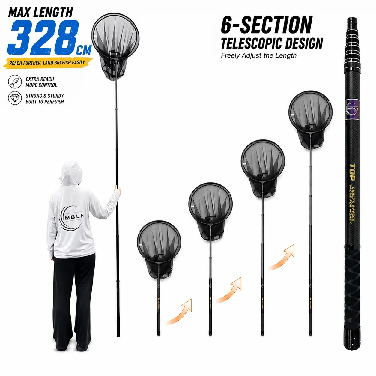Ultralight Portable Landing Net with Carbon Handle and Aluminum Alloy Head, 328cm Total Length