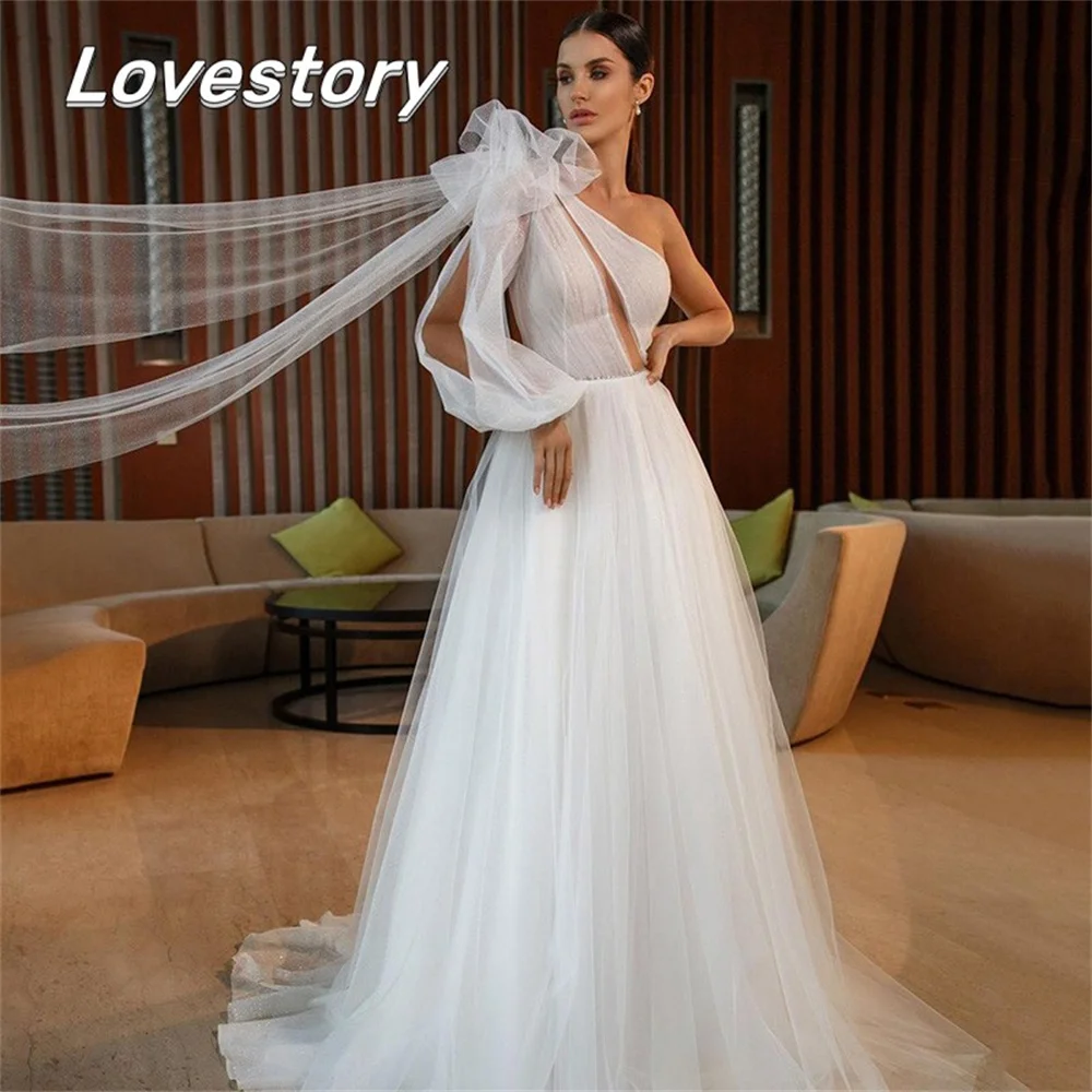 

A-Line Sexy Wedding Dresses Glitter Tulle One Shoulder Long Sleeve Bride Robe 2022 Boho Bridal Gown Fairy Belt Vestidos De Noiva
