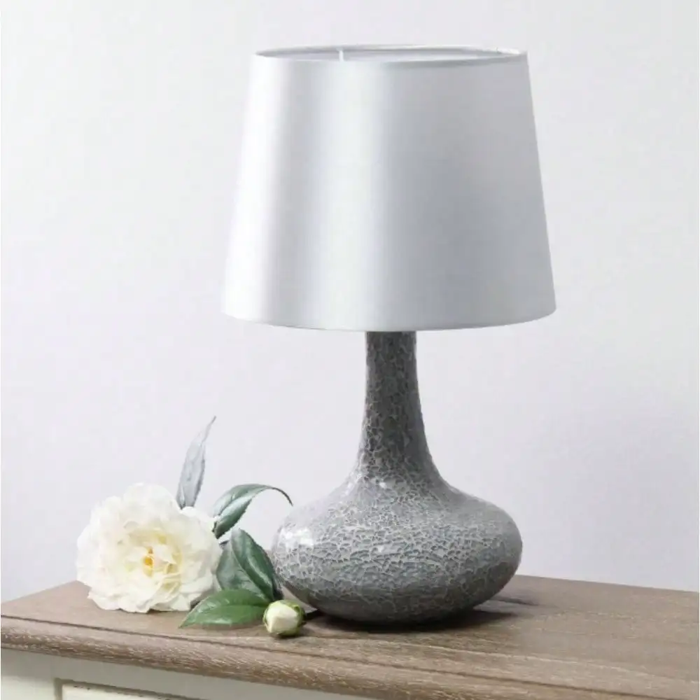 14.17 in. Mosaic Tiled Glass Genie Table Lamp with Satin Look Fabric Shade for Night Stands, Living Room, Office