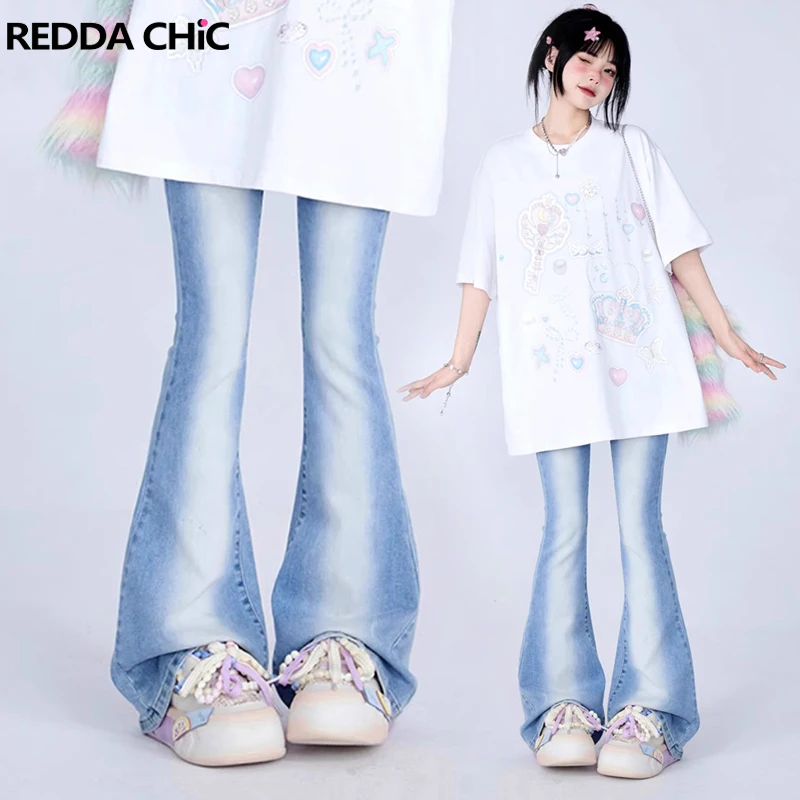 

REDDACHiC Bicolor Blue Flared Jeans for Women Light Wash Stretchy Denim Pants Bootcut Bell Bottoms Vintage Y2k Ladies Trousers
