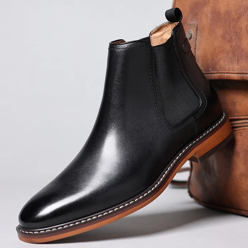 

New Men's Formal Leather Shoes Genuine Leather Chelsea Boots Men's Boots Slip On High Top Martin Top Layer Cowhide Shoes A076