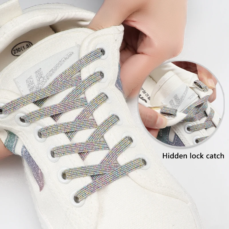 

Rainbow Shoelaces Without Ties Invisible Metals Buckle 8MM Width Flash Elastic Laces For Sneakers Kids Adult Shoes Accessories