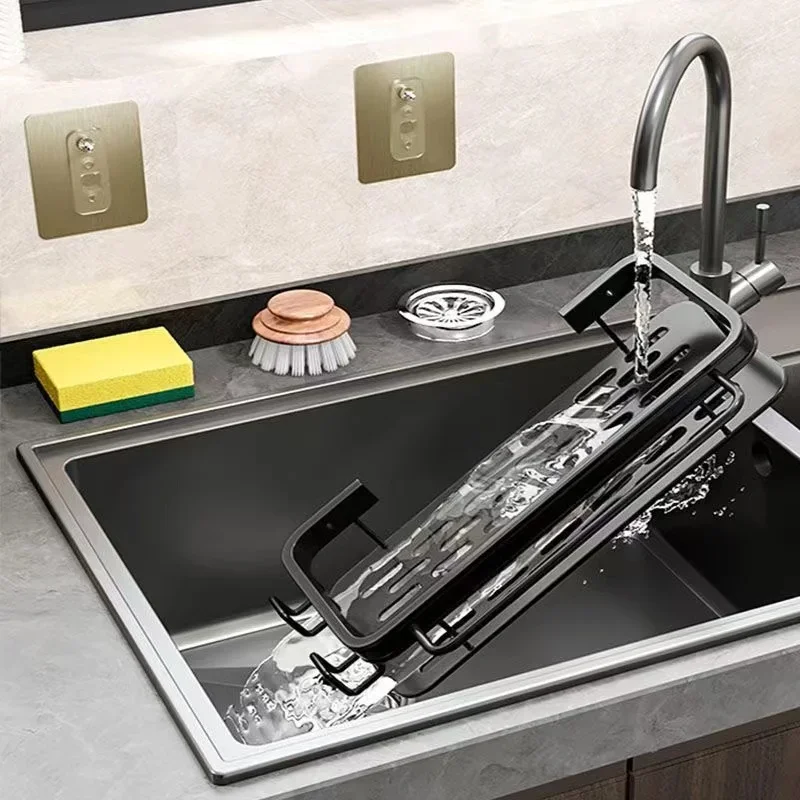 Aluminum Kitchen Storage Rack No-drill Sink Drain Rack Self-draining Sink Shelf Sponge Holder Dishcloth Towel Rack Filter Basket 6