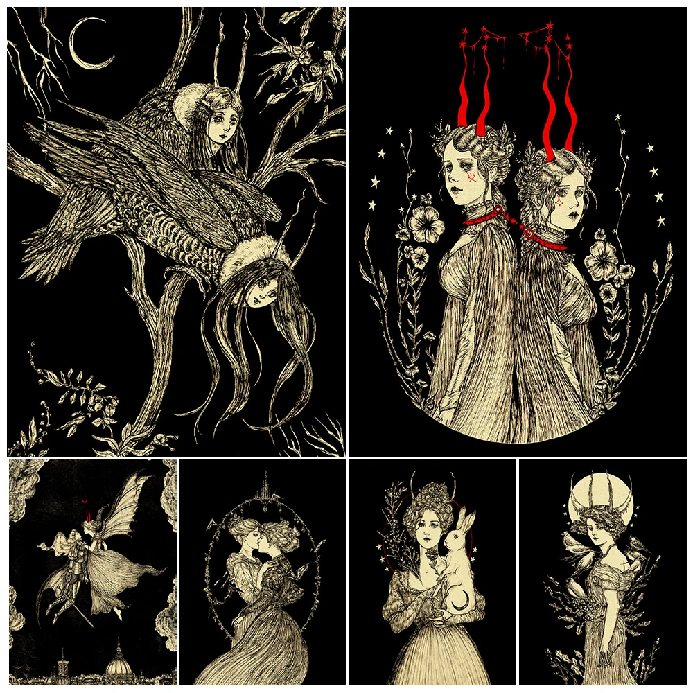 

Beautiful Witch Demon Black And White Vintage Wall Art Canvas Print Gothic Witchcraft Girl Illustration Art Poster Print Decor