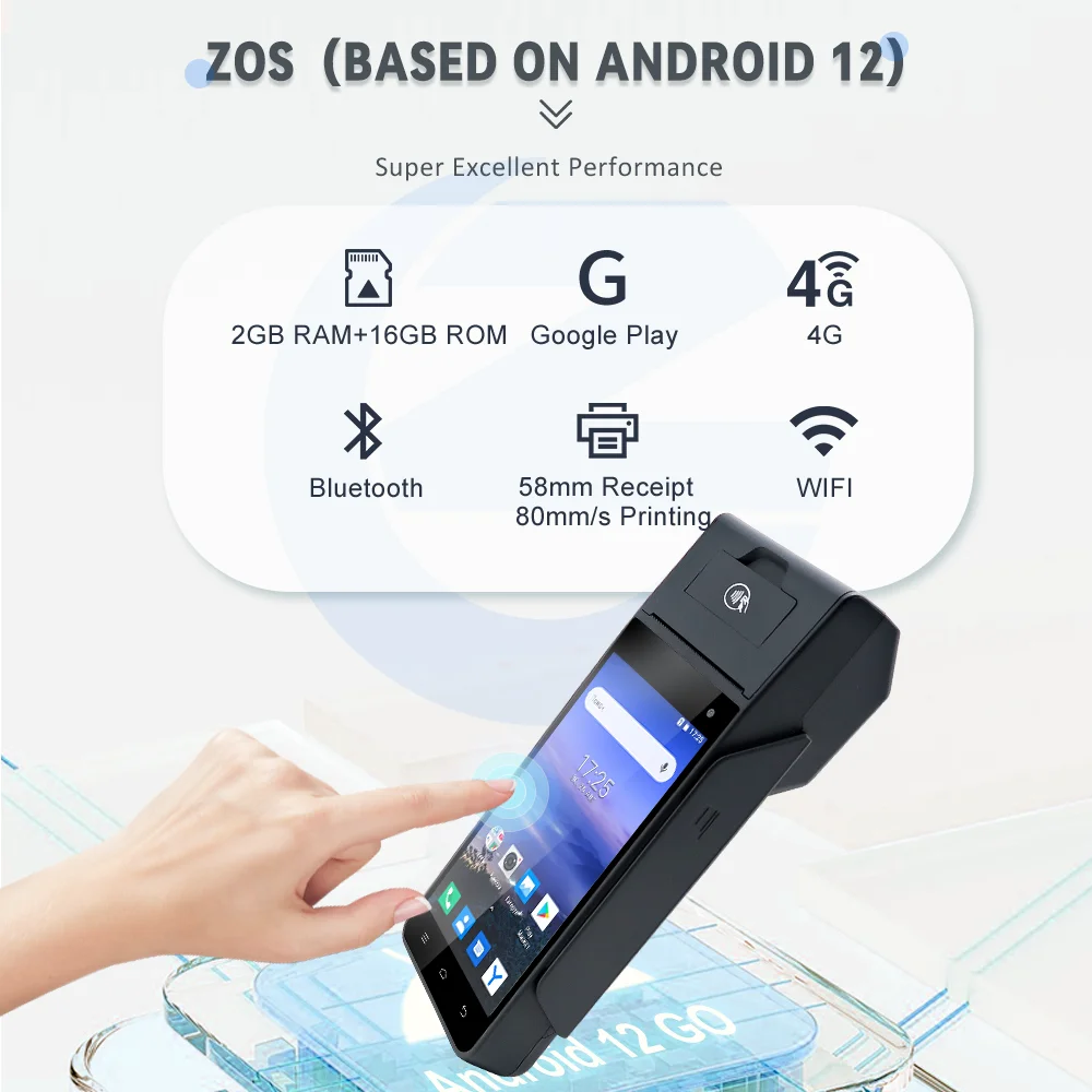 Z90 안드로이드 12 터치스크린 POS 단말기 금전등록기 GPS 4G WiFi 다기능 리더 스캐너 58mm 감열 프린터 탑재