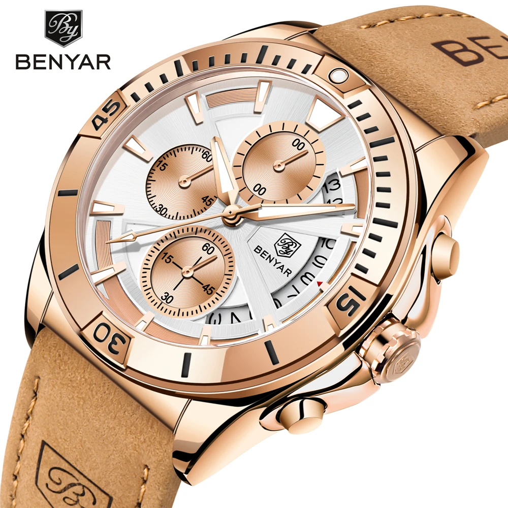 

Benyar fashion leisure watch men's quartz watch multi function luminous calendar gold case 43mm Watch