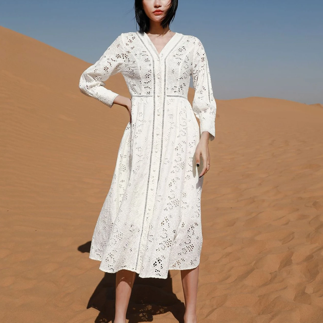 

AYUALIN Vintage V-neck Hollow Out Boho Floral Embroidery Elegant Dresses Party 2023 Vestidos Long Sleeve Lace Dress Women Robe