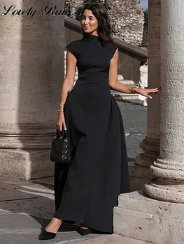 Elegant Black Long Dress Women Fashion High Collor Sleeveless Pleat Irregular Dresses 2025 Spring Summer Party Lady Evening Robe 1