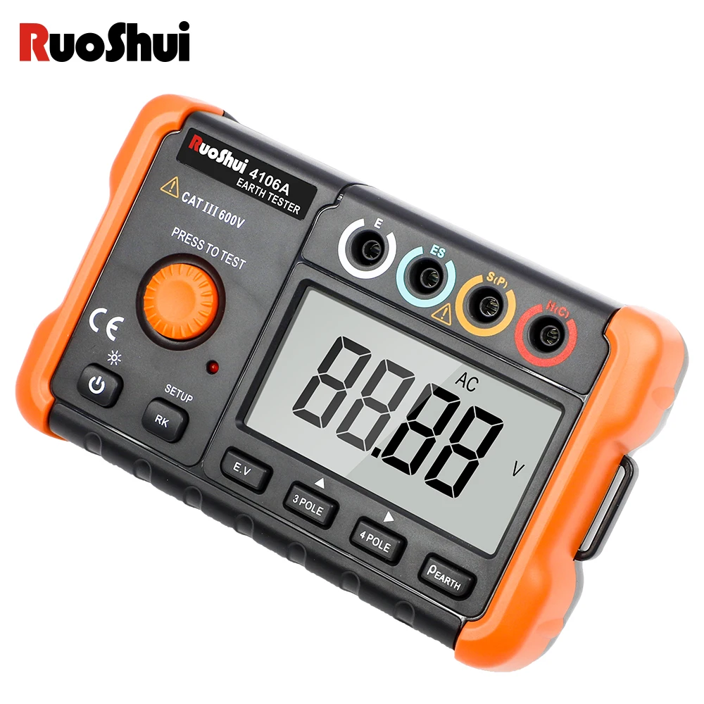 RuoShui 4106A Digital Earth Tester Ground Resistance Meter Low Voltage Display LCD Backlight 3 Pole/4 Pole Method 2000&Omega; True RMS