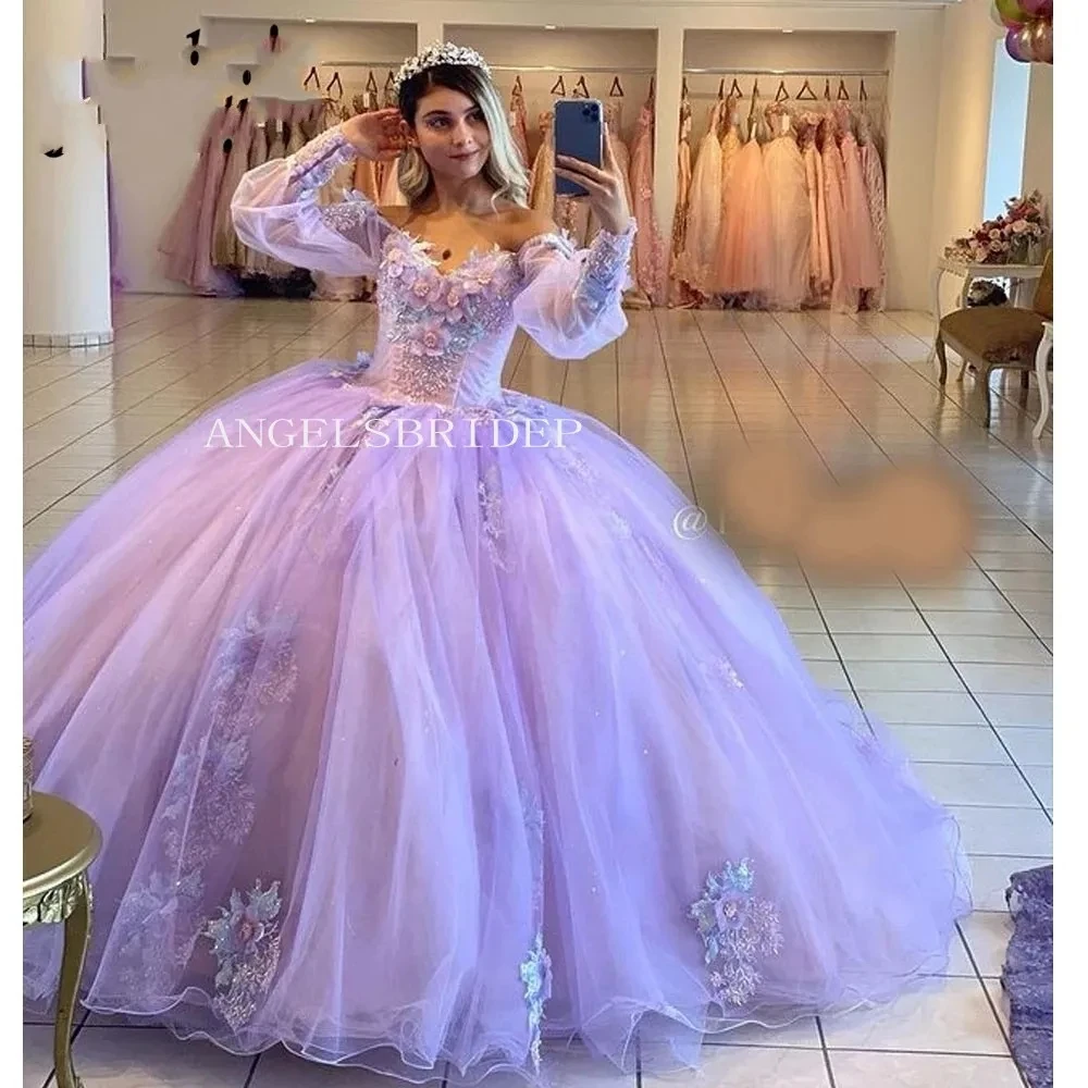

ANGELSBRIDEP Lilac Princess Quinceanera Dress Puffy Off-Shoulder Sleeves 3D Flowers Vestidos De 15 Anos Birthday Party Ball Gown