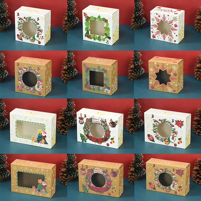 

3pcs Christmas Kraft Paper Candy Box Clear Window Gift Box Packaging Bag Wedding Favor New Year Party Merry Christmas Decoration