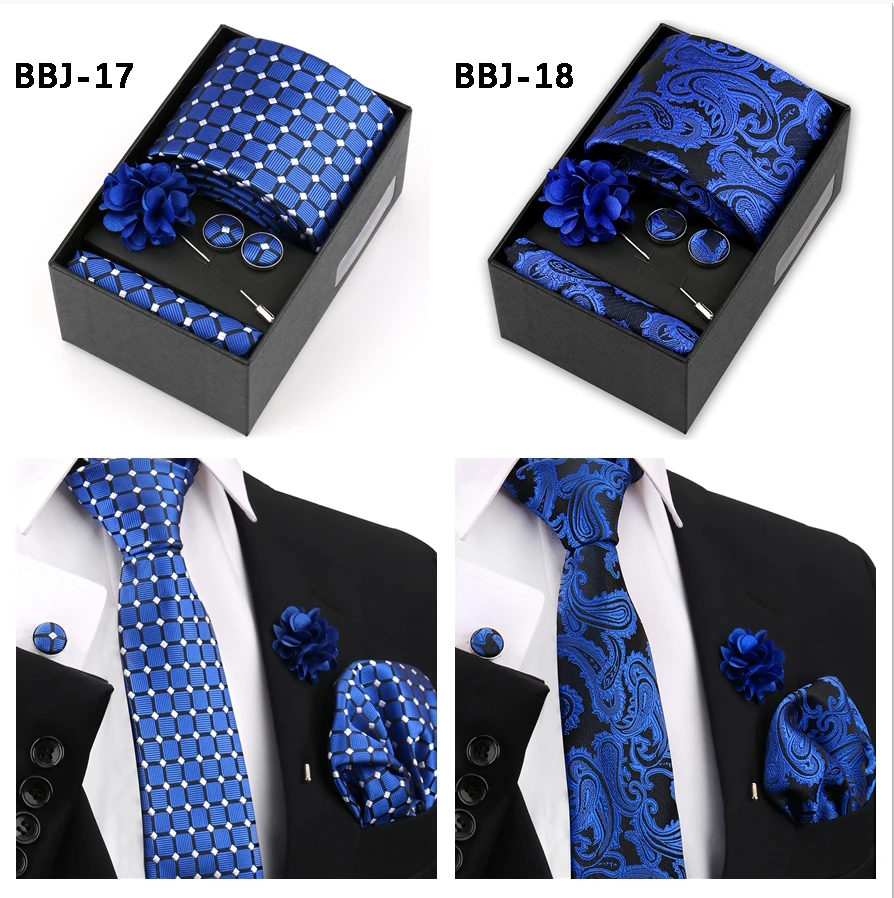 Marke Design Krawatte Taschentuch Manschettenknopf Clip Set Für Männer Seide Krawatte Urlaub Geschenk Box Blau Gold Anzug Zubehör Hochzeit Gravata – Detail 12