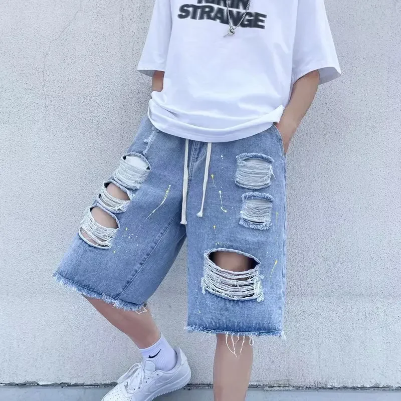 New Hot Sale Of The Season Men's Denim Shorts Five-Quarter Length Beachwear Torn Faded Elastic Casual Summer Shorts for Couples