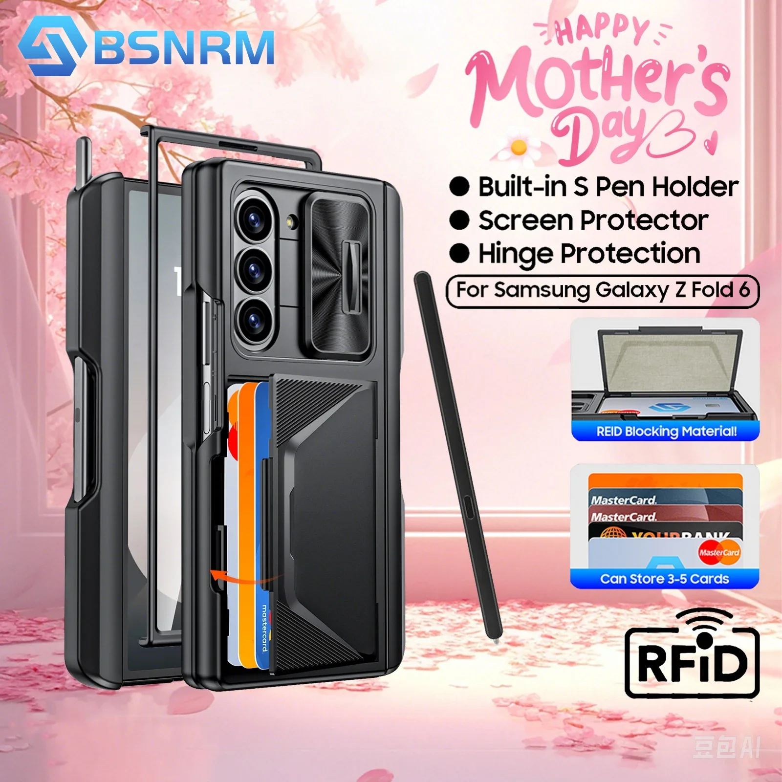 Mother's Day Gift: Shockproof Phone Case with Card Holder and Pen Slot, includes Full Coverage 9H Protective Film