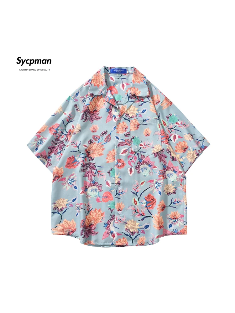 

Sycpman Retro Floral Print Cuban Collar Short Sleeved Shirts for Men and Women Summer Thin Loose Casual Shirt Youth Pop Top