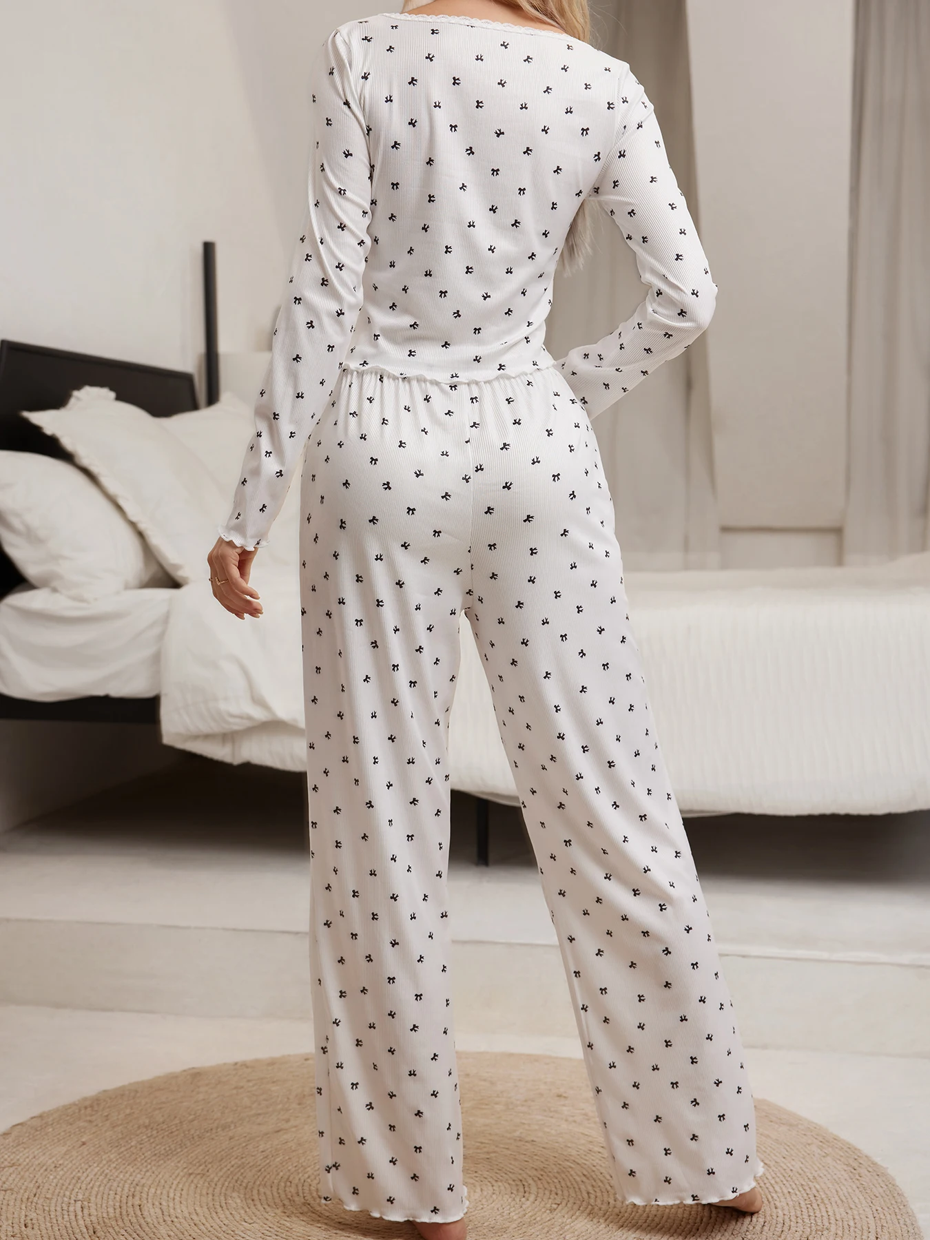 Bowknot Print Lettuce Trim Pajamas Set Cute Girls Sleeve Top & long Pant Comfy Pyjamas Cosy Loungewear