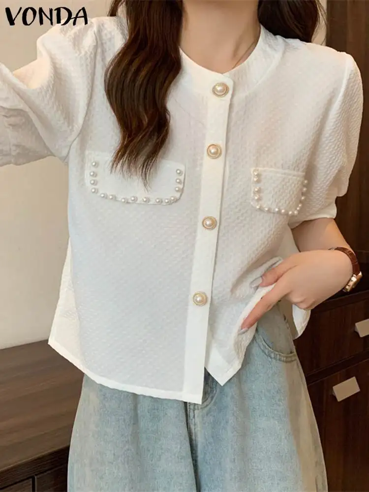 

2023 VONDA Summer Elegant Tops Women Shirts Fashion Round Neck Half Puff Sleeve Blouses Pearl Button Down Tunic Blusas Femininas
