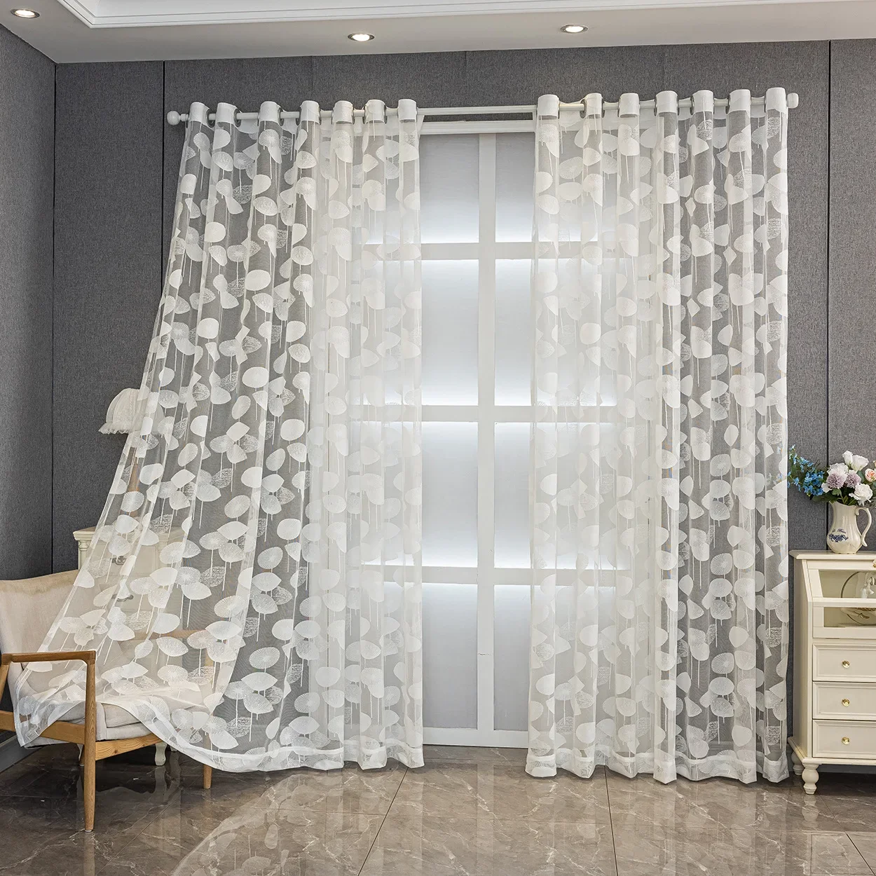 1pc Embossed Leaf High Precision Embroidered Gauze Curtains for Living Room Finished Window Curtains for Bedroom 2