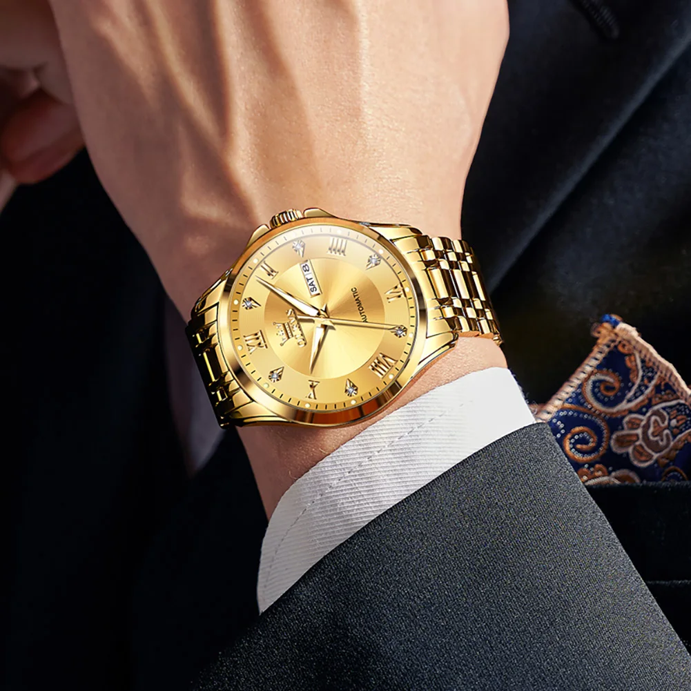 OLEVS 6702 Original Top Brand Gold Watch for Men Waterproof Mechanical Movement Luminous Stainless Steel Mans Wristwatch New