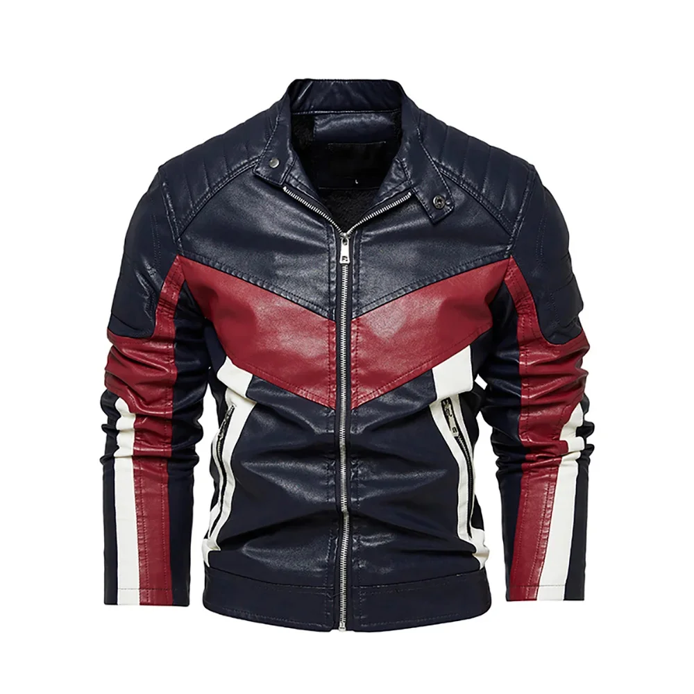

JG-6808 Casual Leather Jacket Men's Color Matching Stand Collar Plus Velvet Thickening Autumn And Winter PU Fashion Top