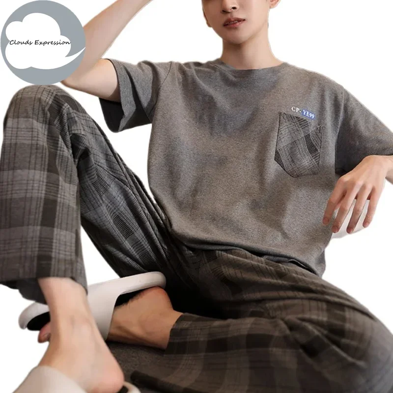 Summer Knitted Mens Pyjamas Pajamas Casual Pjs Lounge Sets Masculine Plaid Sleepwear Nightwear Pijamas Homewear 5XL pajama sets