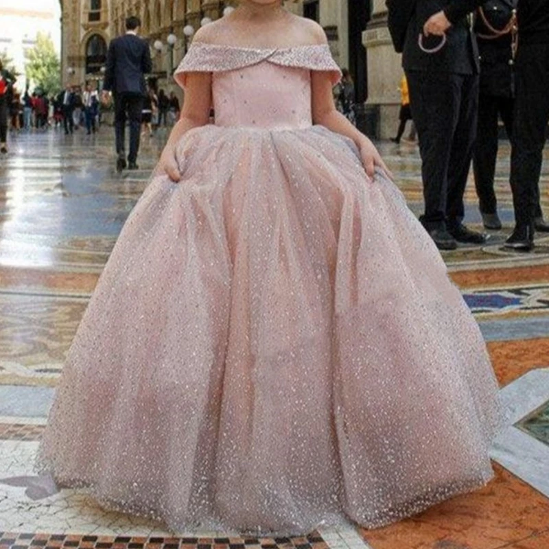 

Блестящее розовое платье с цветочным принтом для девочки, пышное платье из тюля для свадьбы, с открытыми плечами, блестками и бантом, вечерние бальные платья на день рождения и Первое причастие