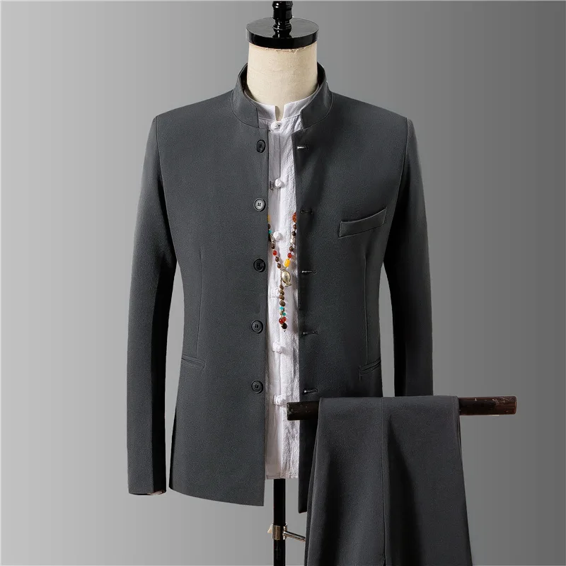 2023 Fashion New Men's Suit Boutique Chinese Style Stand Collar Single Breasted Blazer And Pant Black Gray Blue Male 2 Piece Set