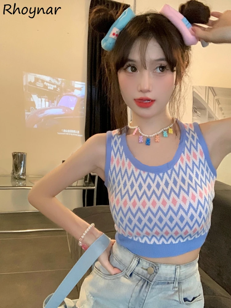 

Knitted Tanks Women Argyle Crop Tops Sweet Sexy Holiday Retro Fashion Soft Preppy Vintage Summer New Kawaii Girlish Young Y2k BF