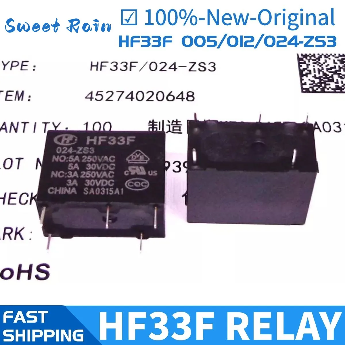 

20PCS/LOTS HF relay JZC-33F HF33F 005 012 024 -ZS3 HF33F 5V 12V 24V 5A 5PIN relay new and original