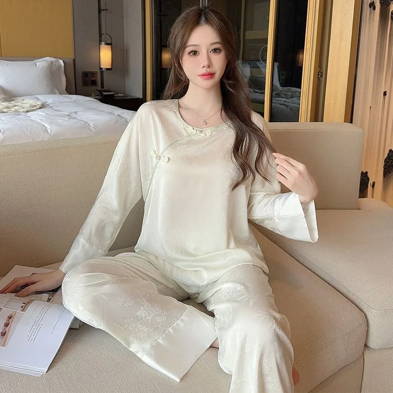 Neo-chinese Style Chinese-style Pajamas Ms. Spring Autumn Ice Silk Deluxe Suit Long-sleeved Trousers Loungewear Can Worn Outside